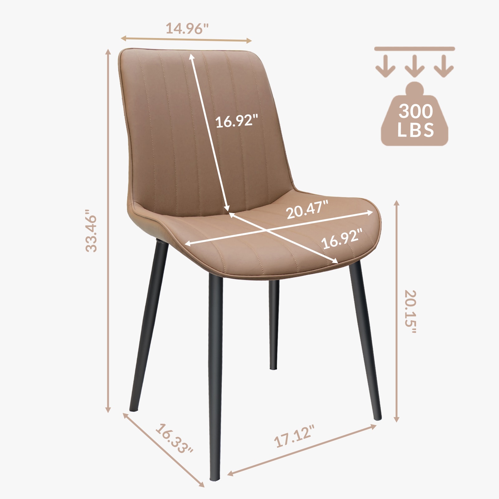 Khaki PU Leather Dining Chair With Metal Legs, Wave Pattern Upholstered Armless Chair Set Of 2 For Kitchen, Restaurant, Living, Meeting Room_voghion.com